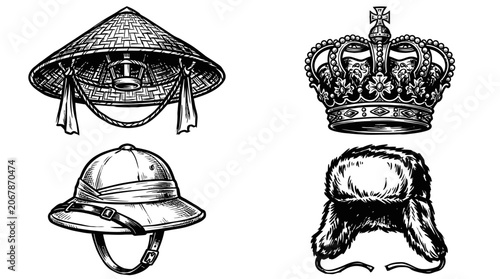 Fotografie Collection of Vintage Hats: Asian Conical, Crown, Pith, Ushanka