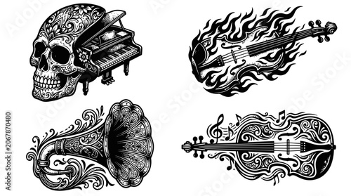 Photos Ornate Skull Piano, Flaming Violin, Gramophone, Music Violin