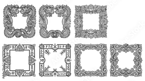 Tableau sur toile Ornate Decorative Borders: Dragons, Runes, and Flourishes