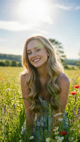 Young woman in a wildflower meadow smiling and laughing while leaning forward in golden sunlight, summer lifestyle and nature portrait