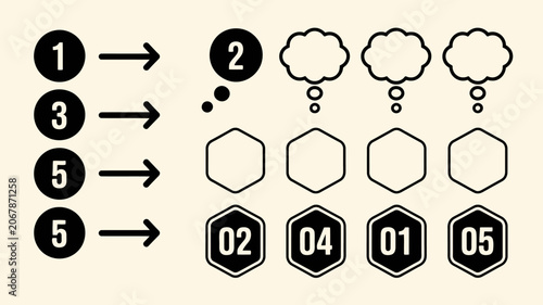 Instructional Icons Featuring Numbered Circles Arrows Thought Bubbles Hexagons And Octagons On A Beige Background design steps step by step