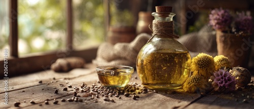 Rustic still life with olive oil bottle and dried flowers on wooden table