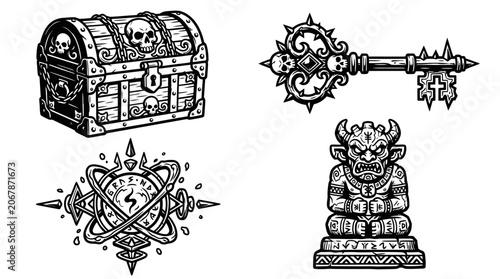 Foto Fantasy Treasure Chest, Key, Rune and Demon Statue Icons - Black and White