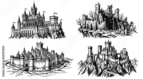 Billede på lærred Fantasy Castle Illustrations: Majestic, Ruined, Medieval, Mountain Fortresses