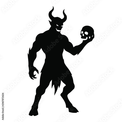 Bild auf Leinwand Horned Demon Holding a Human Skull Silhouette Vector