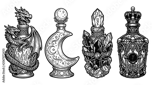 Fantasy Potion Bottles: Dragon, Moon, Crystal, Crown - Black and White