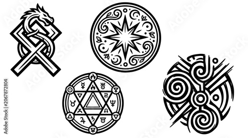 Mystic Symbols: Dragon Rune, Star, Alchemy Circle, Celtic Knot