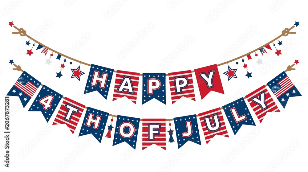 Obraz premium Patriotic banner, 4th of July decoration, American flag garland, Independence Day bunting isolated on White Background