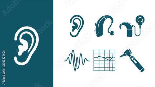 Photos Audiology and hearing aid icon set with ear, sound wave, audiogram, and otoscope symbols