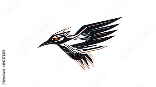 Stylized Black and White Bird in Flight with Orange Eye Detail