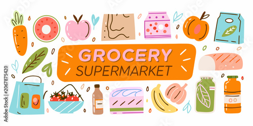 Bild auf Leinwand Grocery supermarket food items colorful vector illustration with white backgroun