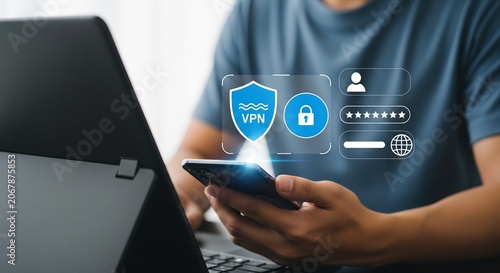 Person using smartphone for secure VPN connection and private login
