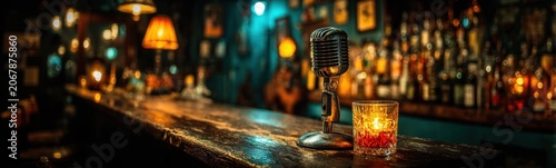 Microphone and a glass on a bar counter banner copy space