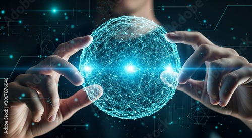 Person's hands holding a glowing blue digital global network sphere, symbolizing data connection and future technology.