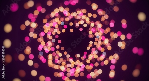 Pink and Gold Bokeh Light Circles Photography, Abstract Glowing Festive Background with Circular Pattern on Dark Purple for Holiday Celebrations and Luxury Event Invitations.
