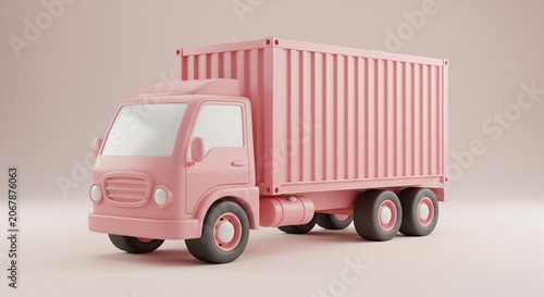 Pink 3D delivery truck with cargo container isolated on pastel background