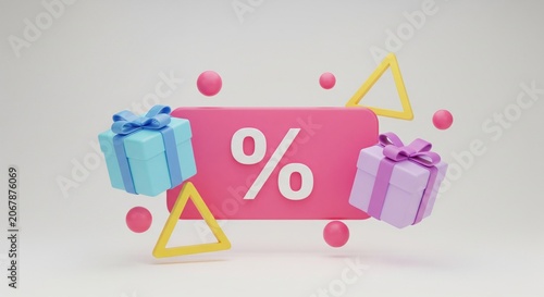Pink 3D percentage sale sign with colorful gift boxes for promotion