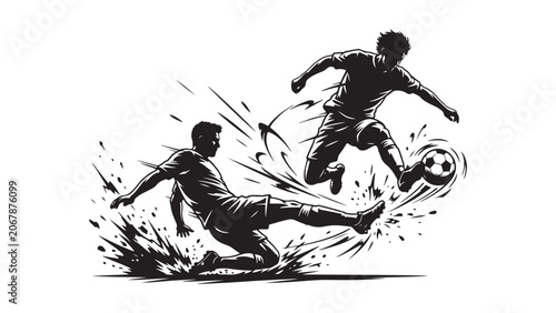 Bild auf Leinwand Dynamic Soccer Action Silhouette with Two Players and Motion Splashes