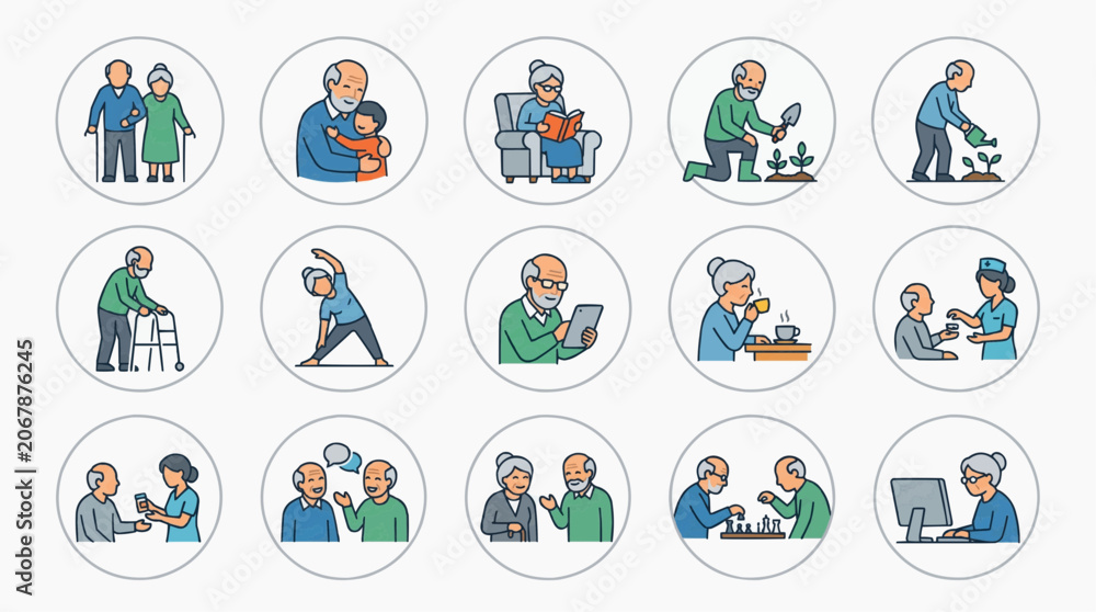 Fototapeta premium Vibrant Icon Set Showcasing Diverse Activities and Healthy Lifestyles for Seniors, Including Daily Routines, Hobbies, Socializing, and Elder Care