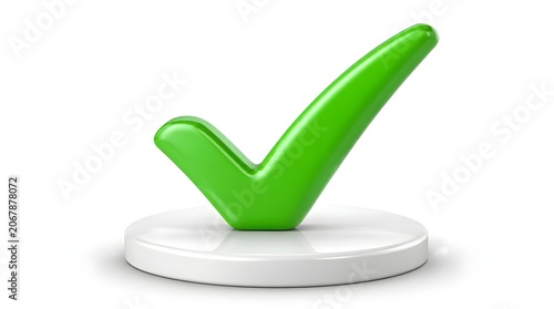 Green checkmark symbol, a glossy 3D rendered icon representing approval, success, and completion, standing on a white pedestal, isolated.