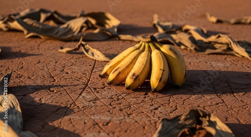 Bunch of small yellow bananas on dry cracked earth with dead leaves