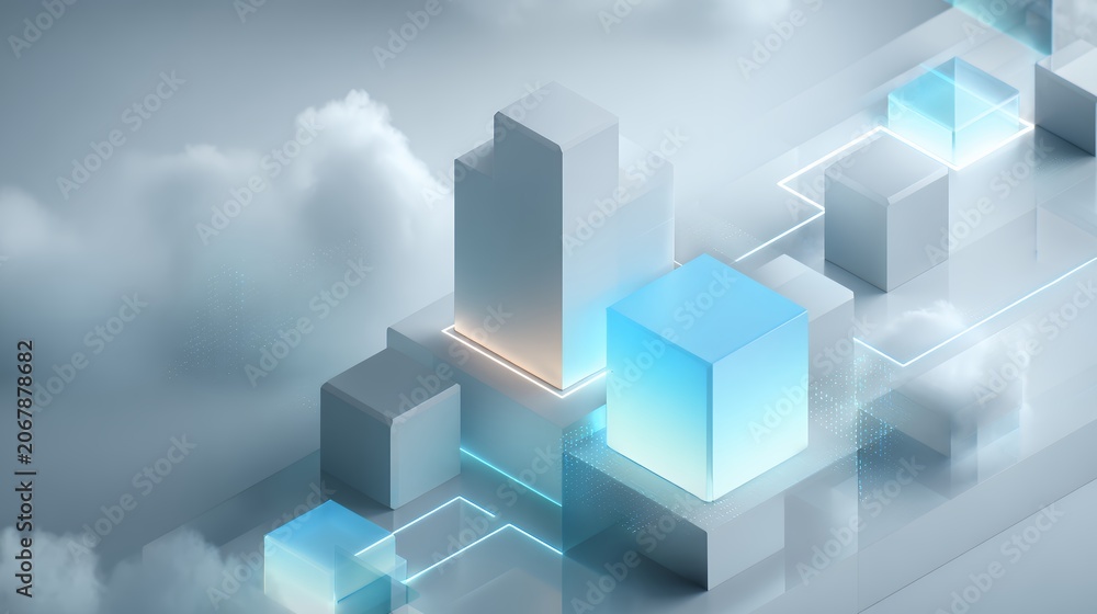 Obraz premium Isometric 3D digital city blocks with glowing neon blue data lines and soft fog for cloud computing technology background