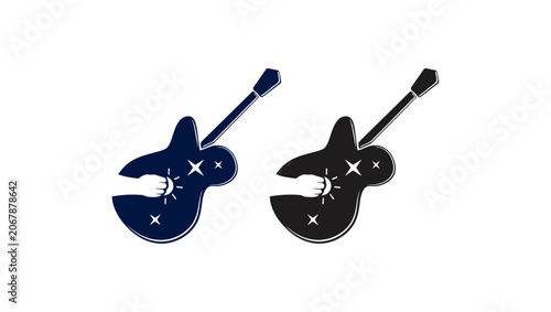 Fotografie Minimalist guitar logo icon with a hand playing the strings, vector illustration