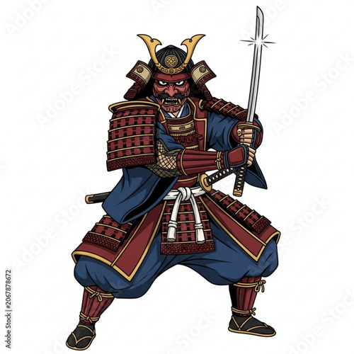 Full armor japanese samurai warrior drawing katana sword in combat stance