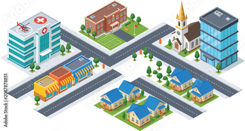Tableau sur toile Isometric City Map Vector Illustration with Hospital School Church Office Buildi