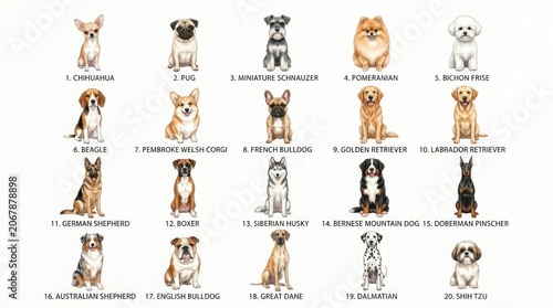A lineup of various dog breeds displayed in a grid format. Each dog is distinct in appearance, showcasing a diverse range of canine types.