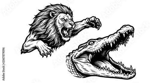 Lion vs Crocodile Fight Illustration