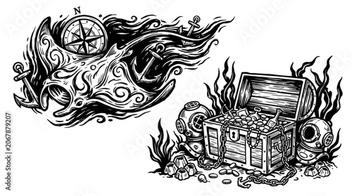 Canvastavla Treasure Chest & Nautical Symbols Illustration