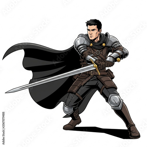Handsome male knight in armor holding sword with waving black cape vector illustration