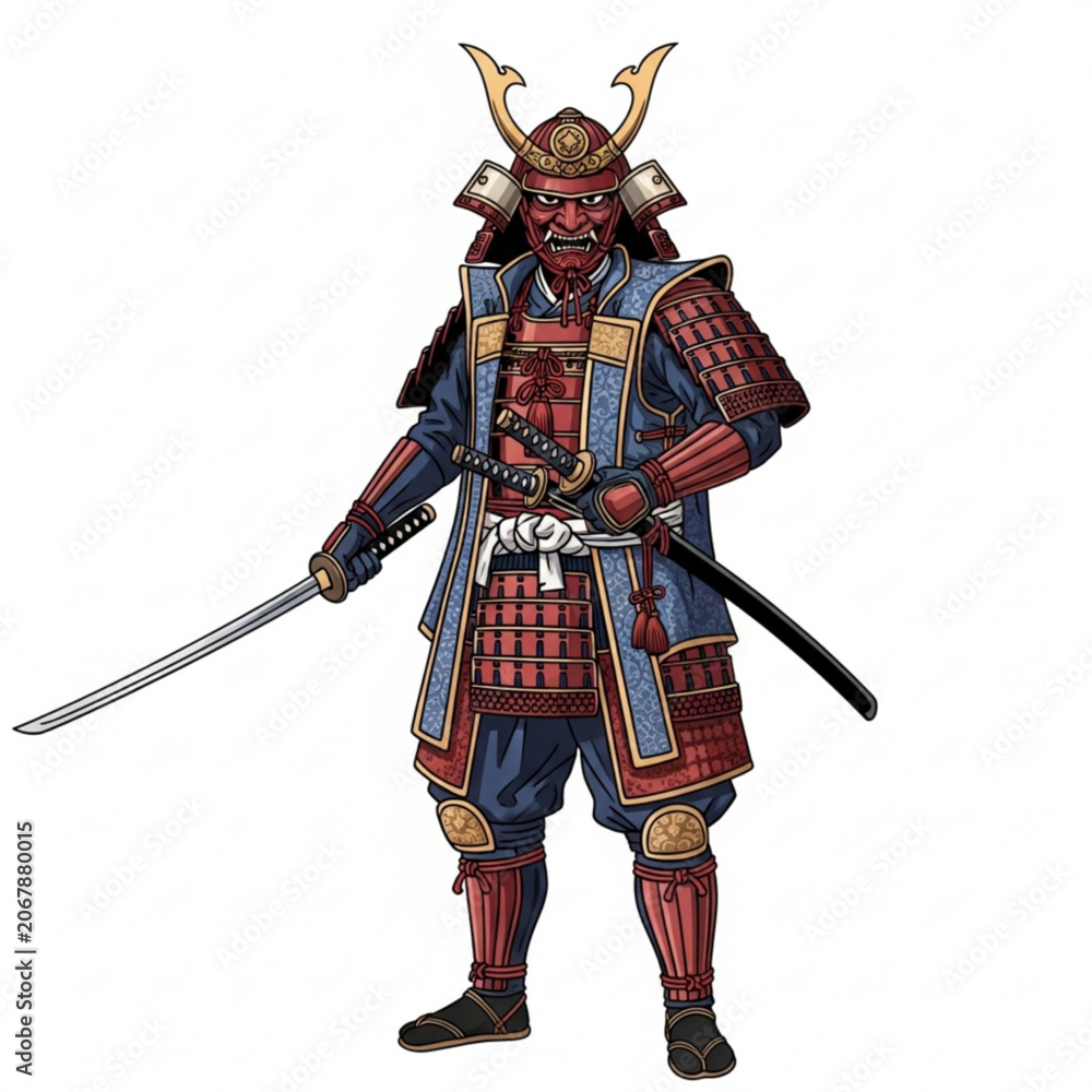 Obraz premium Japanese samurai warrior in full armor wearing traditional oni mask holding katana