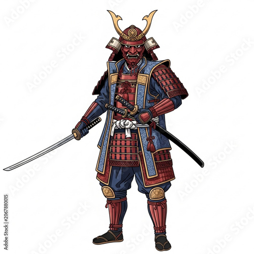 Japanese samurai warrior in full armor wearing traditional oni mask holding katana