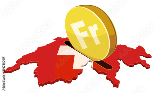 3D isometric vector illustration of Switzerland map as a piggy bank with a gold Swiss Franc coin representing finance, savings and wealth management (cut out)