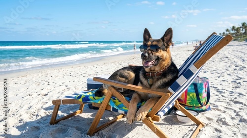 A German Shepherd dog sits on a colorful beach chair, enjoying a sunny day at the beach.