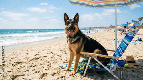 A German Shepherd dog sits on a blue and white striped beach towel under a colorful umbrella on a sandy beach.