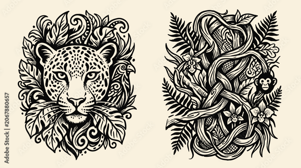 Obraz premium Leopard and Jungle Elements, Intricate Line Art Illustrations