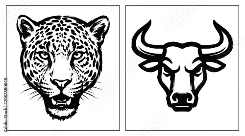 Photography Leopard and Bull Heads, Wild Animals, Black and White Vector Art