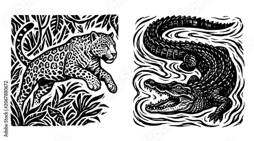 Jaguar in Jungle and Alligator in Water Woodcut Style