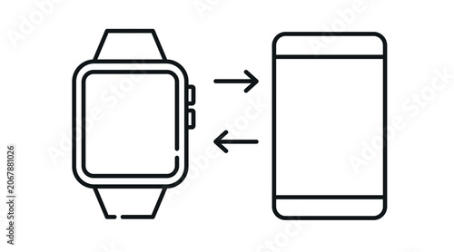 Smartwatch and smartphone sync icon: smart watch connected with mobile phone displaying data transfer arrows, minimalist black line art vector illustration.