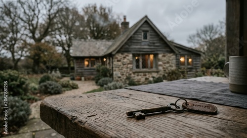 A rustic wooden table in a serene garden setting, with a key and a mug of coffee placed on it. The key is inscribed 'HOME' and the scene is evocative of a peaceful countryside retreat.