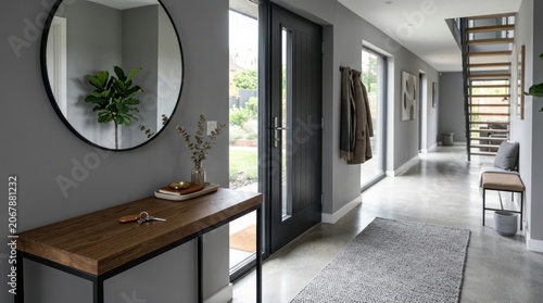 A modern hallway with a wooden console table, a round mirror, and a dark door leading outside.