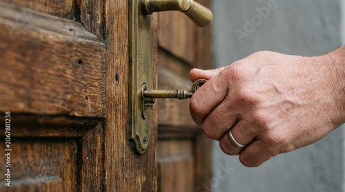 A hand is seen gripping a brass doorknob on a wooden door.