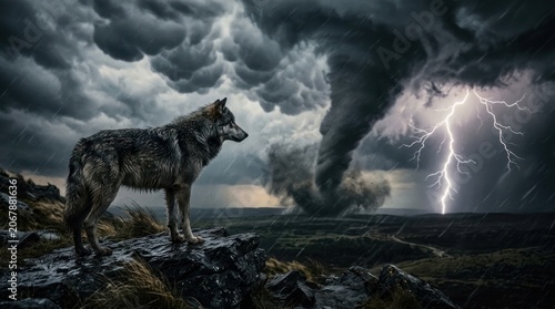 A lone wolf stands on rocky terrain under a stormy sky, with a tornado forming in the background. Lightning illuminates the scene, emphasizing a dramatic and wild atmosphere.