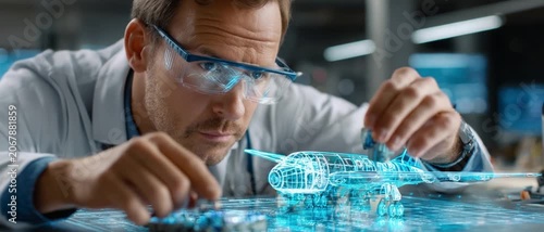 Innovation in Progress: A focused scientist, wearing protective glasses and a lab coat, meticulously assembles a complex holographic model of a drone, embodying cutting-edge technological advancement.