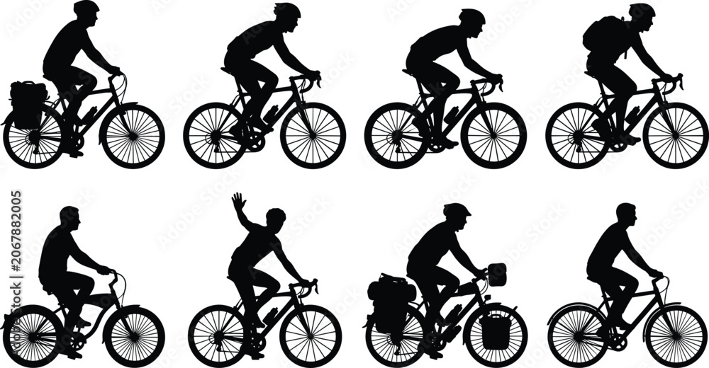 Obraz premium Cyclist Silhouette Collection Vector Set Featuring Road Cycling, Bicycle Touring, Commuting, and Outdoor Recreation