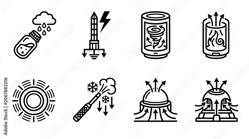 Fototapeta premium Weather Phenomena Icons: Rain, Lightning, Tornado, Fire, Sun, Snow, Dome