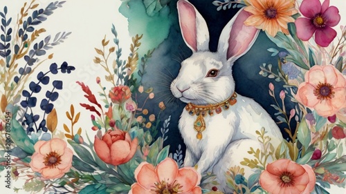 A whimsical watercolor illustration of a charming white rabbit portrait, ai
